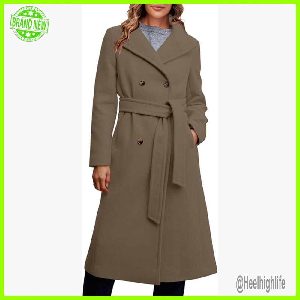 Long Wool Pea Coat Double Breasted Belted Overcoat Office Winter Work